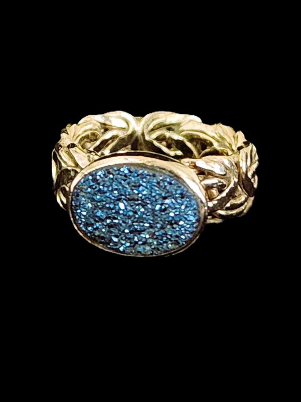 Vintage 90s 925 Silver Gold Plated Byzantine Blue Druzy Statement Ring 8
